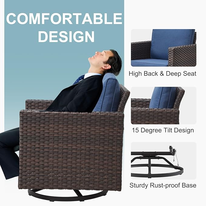 Belord Outdoor Bistro Set 3 Piece Wicker Swivel Rocker Patio Chairs, Oversize Outdoor Rattan Seating Set, Patio Swivel Glider Chairs Wicker Furniture with Metal Side Table for Porch Backyard, Brown