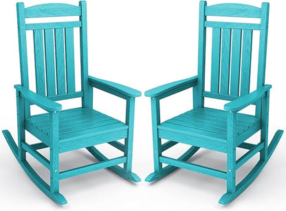 KINGYES Outdoor Rocking Chair Set of 2, High Density Polyethylene Patio Rocking Chairs with 330lbs Support for Adults, Aruba Blue