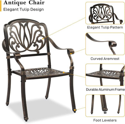 VINGLI 7-Piece Outdoor Dining Set, Cast Aluminum Patio Furniture Set for 6 with Umbrella Hole, Rectangular Outdoor Dining Table & 6 Stackable Chairs, All-Weather Garden/Poolside Dining Set Bronze