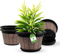 Quarut 4 Pack 8 inch Plant Pot,Upgrade Whiskey Barrel Planters with Drainage Holes & Saucer,Plastic Decoration Flower Pots Retro Design,Planters for Outdoor Indoor Garden Home Plants (Brown)