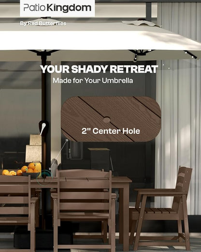 7-Piece Brown Outdoor Dining Set with Beige 11FT Large Patio Umbrella, 75.2'' HDPE Table & Chairs for 6, Weather-Resistant Furniture with Umbrella Hole for Patio, Lawn, Poolside