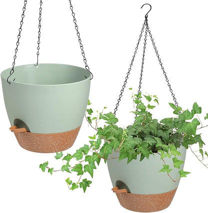 Hanging Planters for Indoor Outdoor Plants, 2 Pack Self Watering Hanging Pot with Drainage Holes & Removable Tray (Green, 10'')