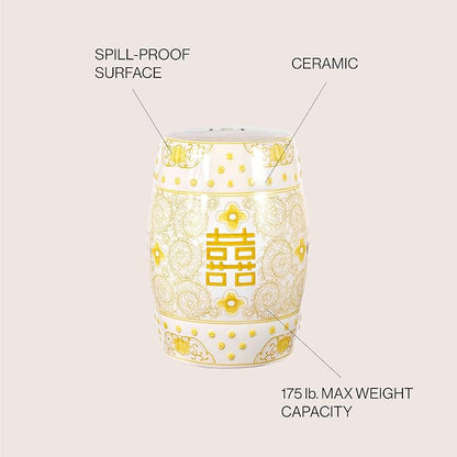 JONATHAN Y TBL1013B Double Happiness 18" Chinoiserie Ceramic Drum Indoor/Outdoor Garden Stool Bohemian, Coastal, Classic, Cottage,Traditional, Patio, Garden, Bathroom, Living Room, Yellow/White
