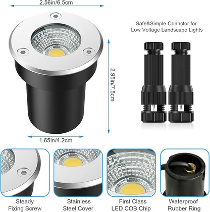 LED Landscape Lights, 12 Pack 7W Ground Lights With 24 Connectors, Low Voltage In-Ground Well Pathway Lighting, Daylight White, Waterproof for Driveway, Deck, Garden