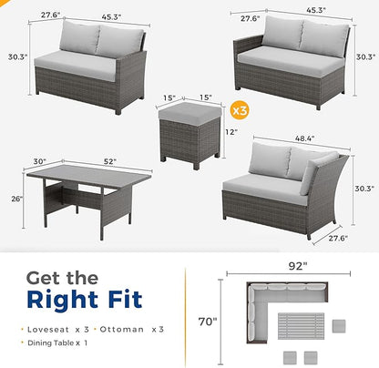 Wisteria Lane 7 Piece Patio Furniture Set, High Curved Back Wicker Patio Sectional, All Weather Outdoor Dining Set, Outdoor Furniture Patio Conversation Set with Ottoman, Ash Gray
