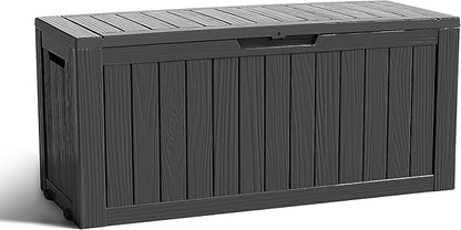 ROJIK Outdoor Storage Housing Deck Box - Waterproof Patio Furniture, Garden Tools, Cushions, Pool Accessories Storage Bench with Lockable Lid and Side Handles (Black 90 Gal)