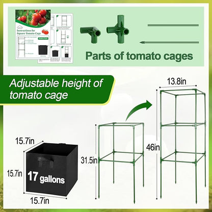 ANPHSIN 3 Sets Tomato Cages with 17 Gallon Grow Bags - 46'' Heavy-Duty Plant Support Trellis Tomato Planter Pots Kit, Garden Vegetables Cucumber Flowers Vertical Climbing Plants Vines