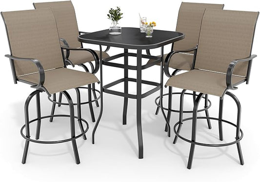 5 PCS Outdoor Bar Set with Outdoor Bistro Table and Chairs Set of 4, Bar Height Outdoor Dining Set, All Weather Mental Textilene High Swivel Bar Stools Chair Set of 4 and High Glass Bar Table