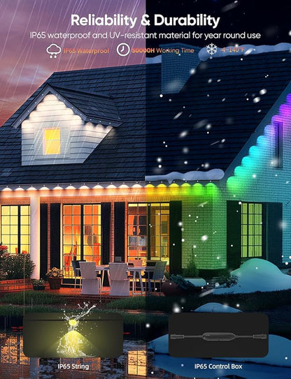 APPECK Permanent Outdoor Lights 50ft with 36 RGBW LEDs, DIY Scene Modes, LED Eaves Lights Waterproof with App Control, for Daily Holiday House Decorations, Voice/Remote Control, Black