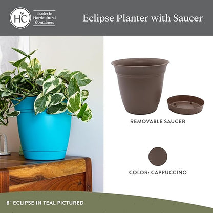 The HC Companies 8 Inch Eclipse Round Planter Pots with Drainage Holes & Attached Saucer, Lightweight UV-Resistant Plastic Indoor & Outdoor Planters, 4-Pack Flower Pots, Garden Home Decor, Cappuccino