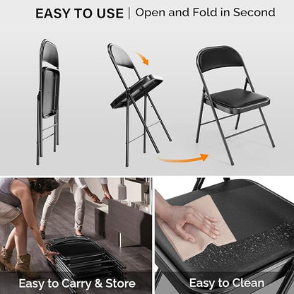 VINGLI 8 Pack Folding Chairs with Padded Seats, Metal Frame with Pu Leather Seat & Back, Capacity 350 lbs, Black