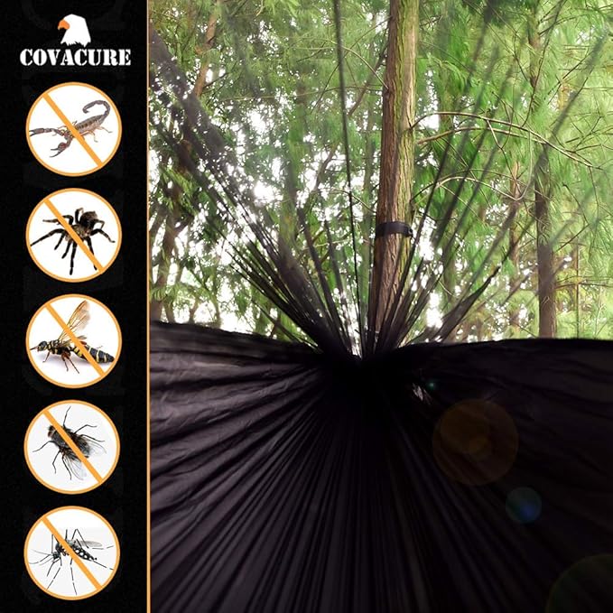 Covacure Camping Hammock - 772lbs Capacity Double Hammock with Tree Straps, Lightweight Parachute Nylon Outdoor Survival Gear for Hiking, Backpacking, Travel or Backyard (Black)