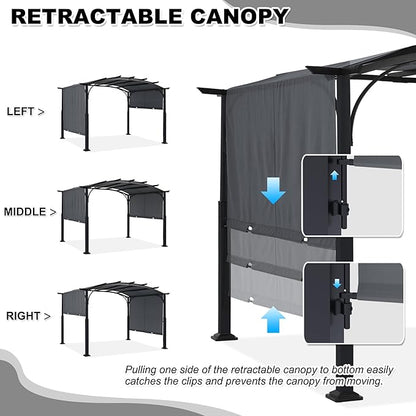 MASTERCANOPY 10x10ft Outdoor Retractable Pergola with Sun Shade Canopy Patio Metal Garden Pergola,Dark Grey