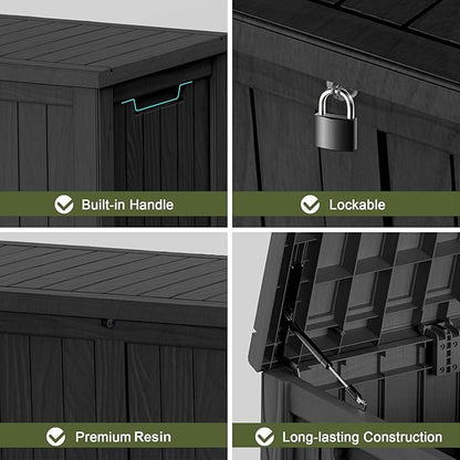 150 Gallon Outdoor Deck Box, Lockable Waterproof Outdoor Storage Boxes For Garden Tools,Indoor Cushions,Accessories Outside Storage Resin Weatherproof Container(Black)
