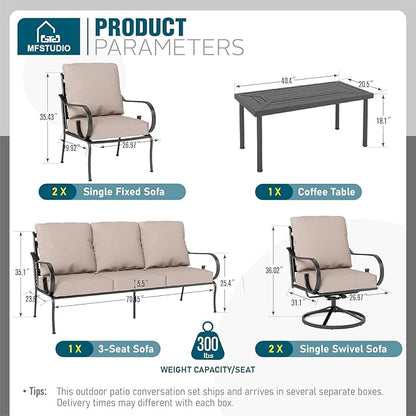 MFSTUDIO 7 Seats Metal Patio Conversation Furniture Sets, 6 Pieces Outdoor Sectional Sofa with 2 Swivel Chairs, 2 Fixed Chairs, 3-seat Sofa and Table for Outside Backyard Poolside Garden
