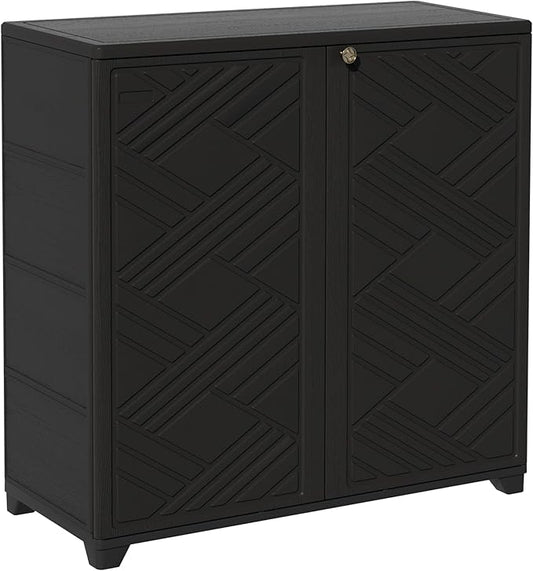 ADDOK Indoor Outdoor Plastic Storage Cabinet 34"x15"x34", Outdoor Storage Shed for Living Room, Hallway, Balcony, Garage, Garden, Backyard-Black（W/O Shelf）
