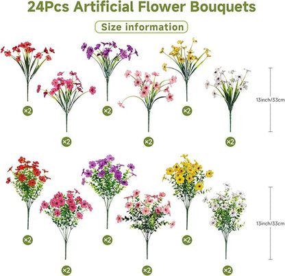 Alupssuc 24 Bundles Artificial Flowers for Outdoors Decoration, UV Resistant Silk Faux Daisy Flora Spring Fake Plastic Plants Greenery for Outside Indoor Yard Home Porch Window Box Decor, Mix 6 Colors