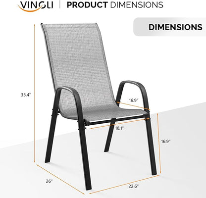 VINGLI Patio Chairs Set of 4 – Stackable Outdoor Dining Chairs with Comfortable Sling High Back Chairs and Armrests for Lawn, Poolside, Courtyard, Balcony, Garden, Silver Gray
