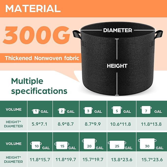 10 Pack 2 Gallon Grow Bags, Thickened Nonwoven Fabric Planter Pots with Handles, Heavy Duty 300G Garden Pots for Tomato, Potato and Vegetable