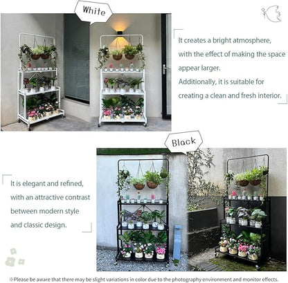 lumizone Foldable 4-Tier Plant Stand Indoor Outdoor Hanging Plant Shelf No Assembly Required Pot Placement Area With Wheels Sturdy Fall Prevention Storage Shelf Flower Pot Stand(4 Tier-Black)