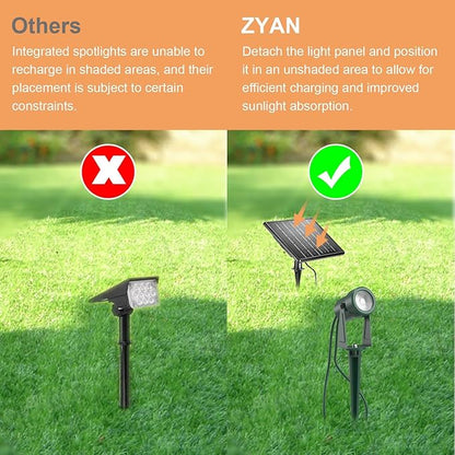 Zyan Solar Landscape Spotlights, Separate Monocrystalline Panels & USB-C Powered 16200mAh Auto On Off Dusk to Dawn, Outdoor IP65 Waterproof, Warm White for Yard Path Patio (100 Lumens × 12 Pack)