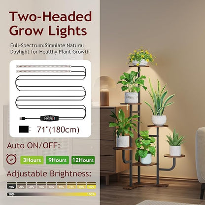 Corner Plant Stand with Grow Light - 6 Tier Plant Stand Indoor Round Metal Plant Shelf with Adjustable Light, Plant Organizer for Living Room, Graden, Home Decor (Brown)
