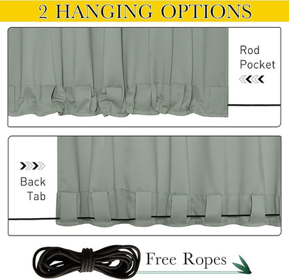 NICETOWN Outdoor Curtains for Patio Waterproof 108 inches Long 2 Panels, Windproof Thermal Insulated Top & Bottom Grommet/Back Tab Privacy Drapes with Rope for Gazebo, Sage Green, W52 x L108