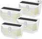 HMCITY 120 LED Outdoor Solar Lights with Motion Sensor and 3 Lighting Modes, IP65 Waterproof Wide Solar Wall Lights Ideal for Garden Patio Yard (Front Button 4Packs, White Shell-Daylight White)