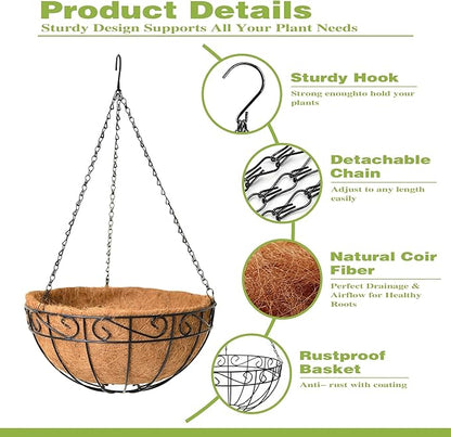 4 Pack 10 Inch Hanging Baskets for Plants Outdoor Metal Hanging Planter Hanging Flower Baskets with Coco Fiber Liners Chain Round Wire Plant Holder Hangings Flower Pots(Plaid)