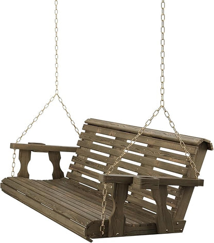 Amish Casual 6 Foot Roll Back Porch Swing with Cup Holders in Dark Walnut Stain - Amish Made in The USA from Treated Pine Heavy Duty 700 Lb. Weight Capacity
