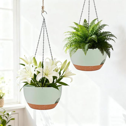 Set of 4-8 Inch Self Watering Hanging Planters for Indoor Outdoor，Hanging Plant Pots with Drainage & Removable Tray, Hanging Pots Holder for Ivy, Pothos, Ferns, Balcony & Patio, Green Brown
