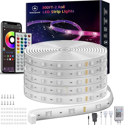 300ft Outdoor Led Strip Lights Waterproof, Ip68 Outside Led Light Strip Waterproof with Remote and App Control, Exterior Led Rope Lights Music Syne RGB Strip Lights for House Decor (2*150ft)