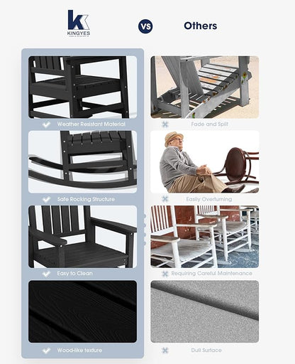 KINGYES HDPE Outdoor Rocking Chair Set of 4, Widened Seat Patio Rocking Chair, Oversized All Weather Patio Rocker, Black