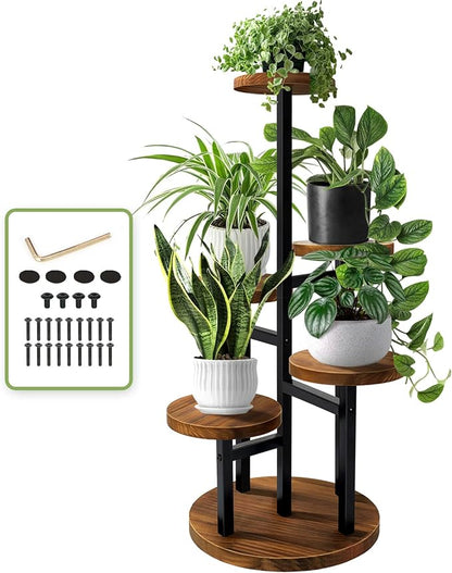 AUGOSTA 5 Tier Plant Stand, Tall Metal Wood Shelf Holder for Indoor Plants, Outdoor Garden Plant Display Rack Flower Pot Stand for Corner Living Room Balcony Garden Patio