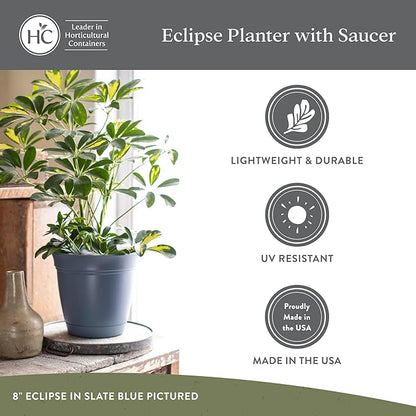 The HC Companies 16 Inch Eclipse Round Planter Pots with Drainage Holes & Attached Saucer, Lightweight UV-Resistant Plastic Indoor & Outdoor Planters, 2-Pack Flower Pots, Garden Home Decor, Warm Gray