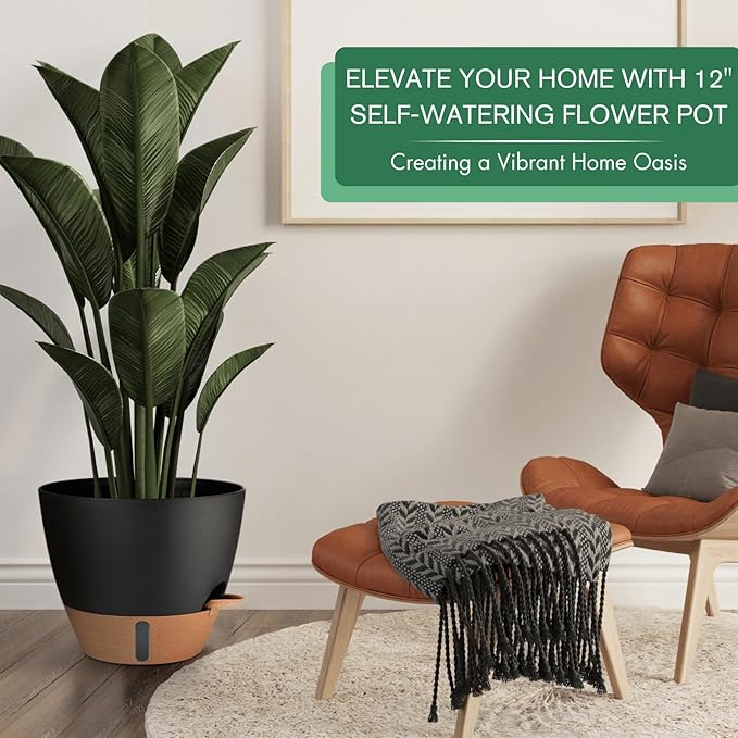 12/10/8 Inch Self Watering Pots for Indoor Plants Plastic Large Plant Pot for Outdoor Plants, Water Level Window & Spacious Reservoir Flower Pots Decorative Planter with Drainage and Tray (Black)