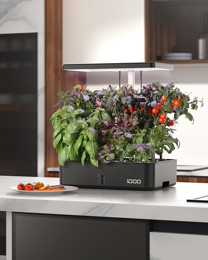 iDOO Hydroponics Growing System Kit 12Pods, Christmas Gifts for Women Mom, Herb Garden Indoor with LED Grow Light for Home, Built-in Fan, Auto-Timer, Adjustable Height Up to 11.3", 12Pods WiFi-Black