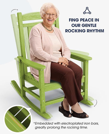 KINGYES HDPE Rocking Chairs Outdoor, Patio Rocking Chairs with 330lbs Support, Smooth Porch Rocker for Deck Lawn Yard, Pistachio Green