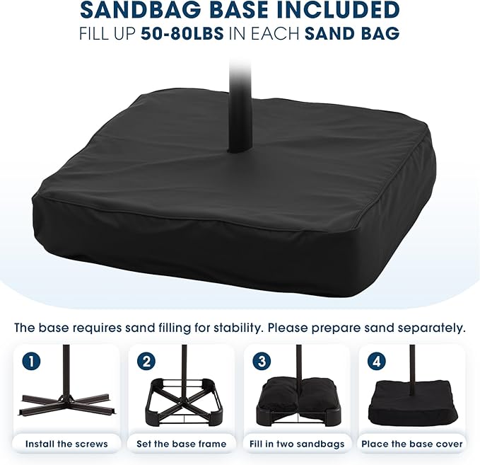 wikiwiki 10ft Solar LED Patio Umbrella with Base Included, Offset Umbrella with Weighted Sandbag Base, Cantilever Patio Umbrellas for Backyard, Garden & Deck, 32 LED Lights & Polyester Shade, Black