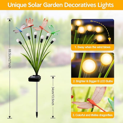 Solar Garden Lights Outdoor - 8 Pack Dragonfly Solar Swaying Light, Sway by Wind, Firefly Lights Outdoor Yard Patio Pathway Decoration, Big Bulb, High Flexibility Iron Wire & Realistic Dragonflies