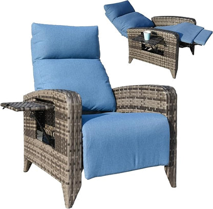 Upgraded Outdoor Recliner Chair, Reclining Patio Chairs with Adjustable Back up to 150°Lay Flat and Extended Footrest, Wicker Recliner Chairs with Flip Table and Removable Olefin Cushion