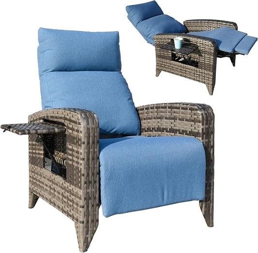 Outdoor Recliner Chairs Set of 2, Reclining Patio Chairs with Adjustable Back up to 150°Lay Flat and Extended Footrest, Wicker Recliner Chairs with Flip Table and Removable Olefin Cushion
