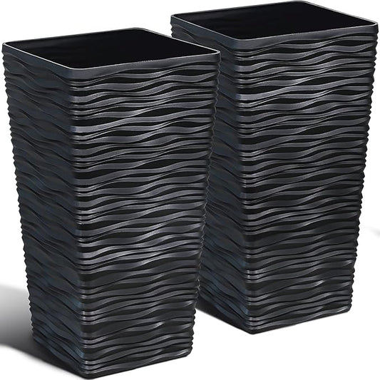 Worth Garden 2-Pack Black Tall Planter - Plastic Square Tapered Tree Plant Pots with Drainage Hole for Indoor Outdoor - 22" H Modern Wavy Finish Decorative Flower Pots for Front Porch Patio Deck
