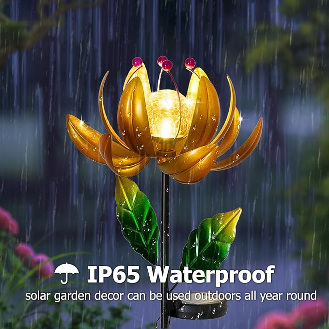 Solar Lights Wind Spinners for Yard and Garden - Metal Lotus Flower Windmills LED Crackle Glass Globe Outdoor Garden Decor Yard Art Lawn Ornament
