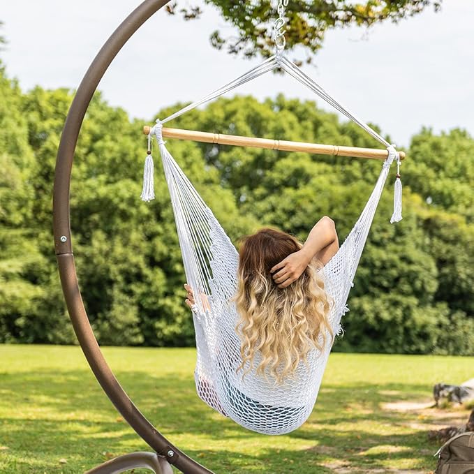 Lazy Daze Hammocks Hanging Chair Caribbean Swing Chair Hammock Chair w/Soft-Spun Cotton Rope, 40" Hardwood Spreader Bar Wide Seat, Max 300 Pounds, for Indoor Outdoor Garden Yard, White