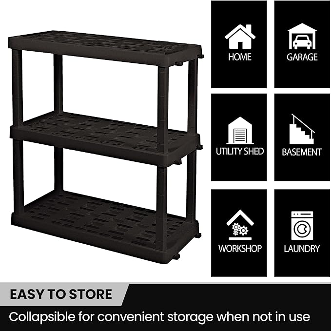 Oskar Heavy Duty Plastic Storage Shelves- for Garage, Kitchen, Bathroom Basement Kids Room, Stackable 3-Tier Black Organizer Rack for Books Shoes, Toys, Pantry, Cleaning and Closet Organization