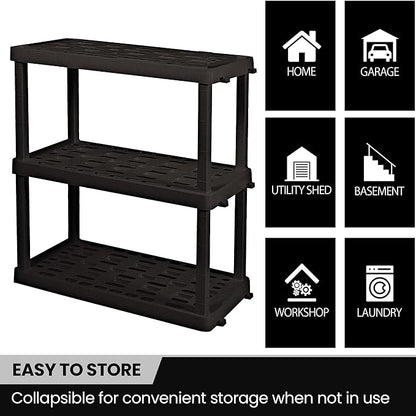 Oskar Heavy Duty Plastic Storage Shelves- for Garage, Kitchen, Bathroom Basement Kids Room, Stackable 3-Tier Black Organizer Rack for Books Shoes, Toys, Pantry, Cleaning and Closet Organization