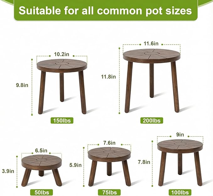Delma Wood Plant Stands Indoor, 5-Pack Single Plant Stand for 6-12 Inch Pots, Mid-Century Modern Plant Stool, Tall Plant Stand for Large Plants for Living Room, Balcony, Office (Dark Brown, 5-Pack)