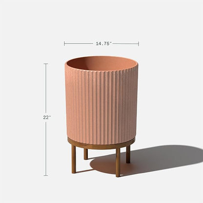 Veradek Demi Series Round Planter w/Stand for Porch/Patio | Durable Plastic-Stone Composite & Wooden Stand | Modern Décor for Tall Plants, Flowers