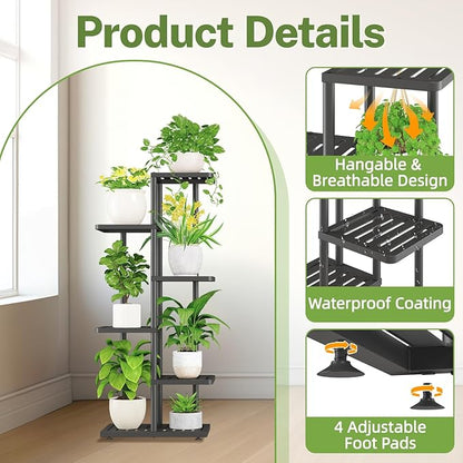 iDavosic.ly Plant Stand Indoor Outdoor, 5-Tier Tall Metal Flower Shelf for Heavy-Duty Large Planters, Corner Orchid Display Rack for Living Room Balcony Patio Porch, Space Saving, Modern Black